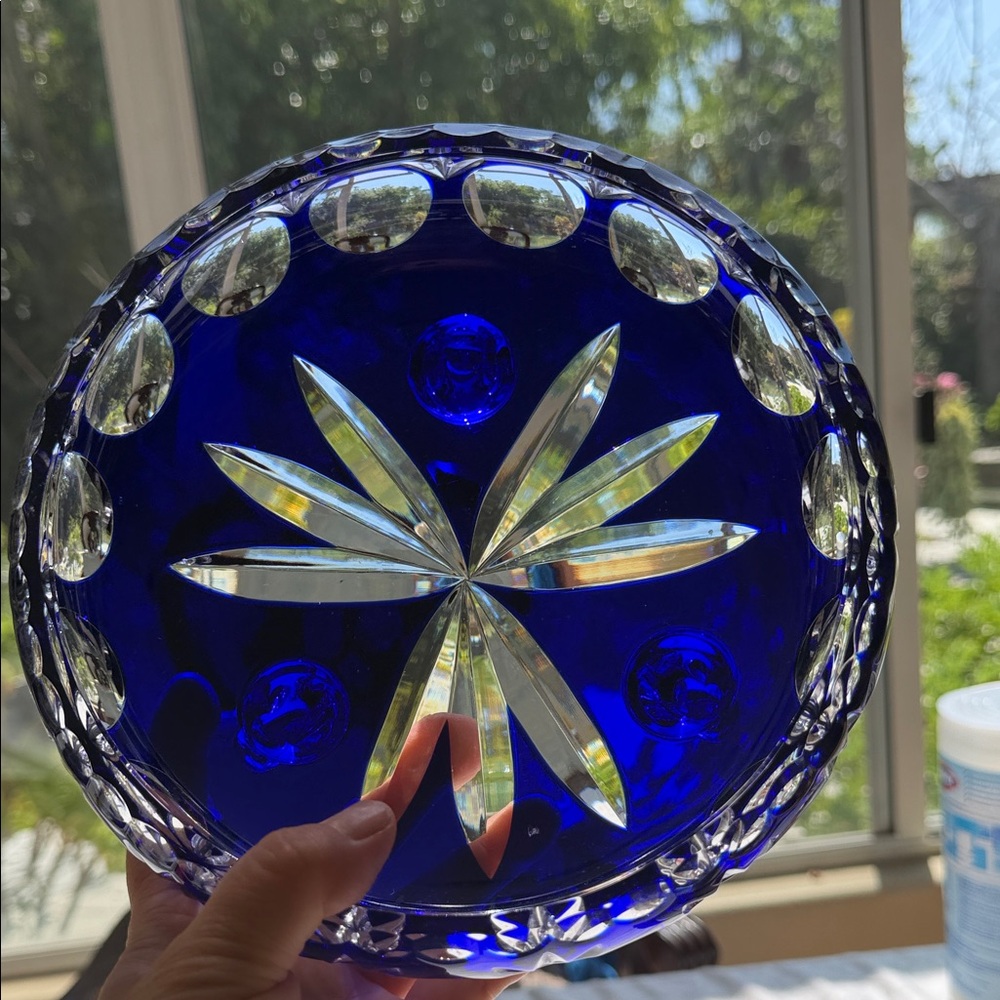 Vintage Cobalt Blue Cut Glass Decorative Bowl - Home Art 8” width , 3” tall - Picture 4 of 13